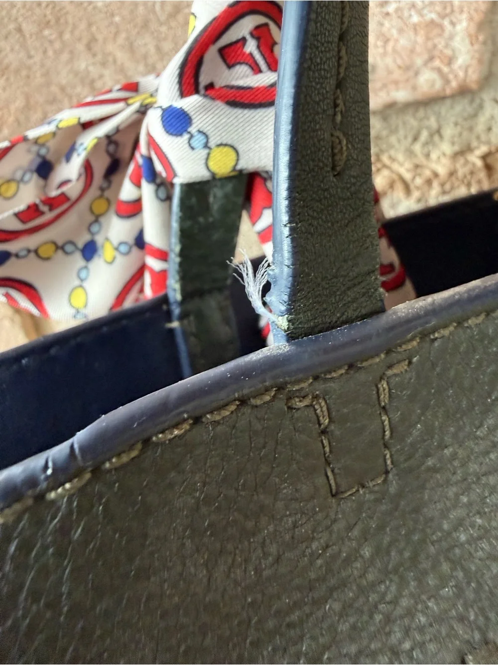 Tory Burch Dark Green Pebbled Leather Tote with Tassel and Scarf